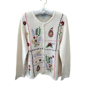 HABAND Vintage 90s Floral Embroidered Cardigan Cottagecore Sweater | Large
